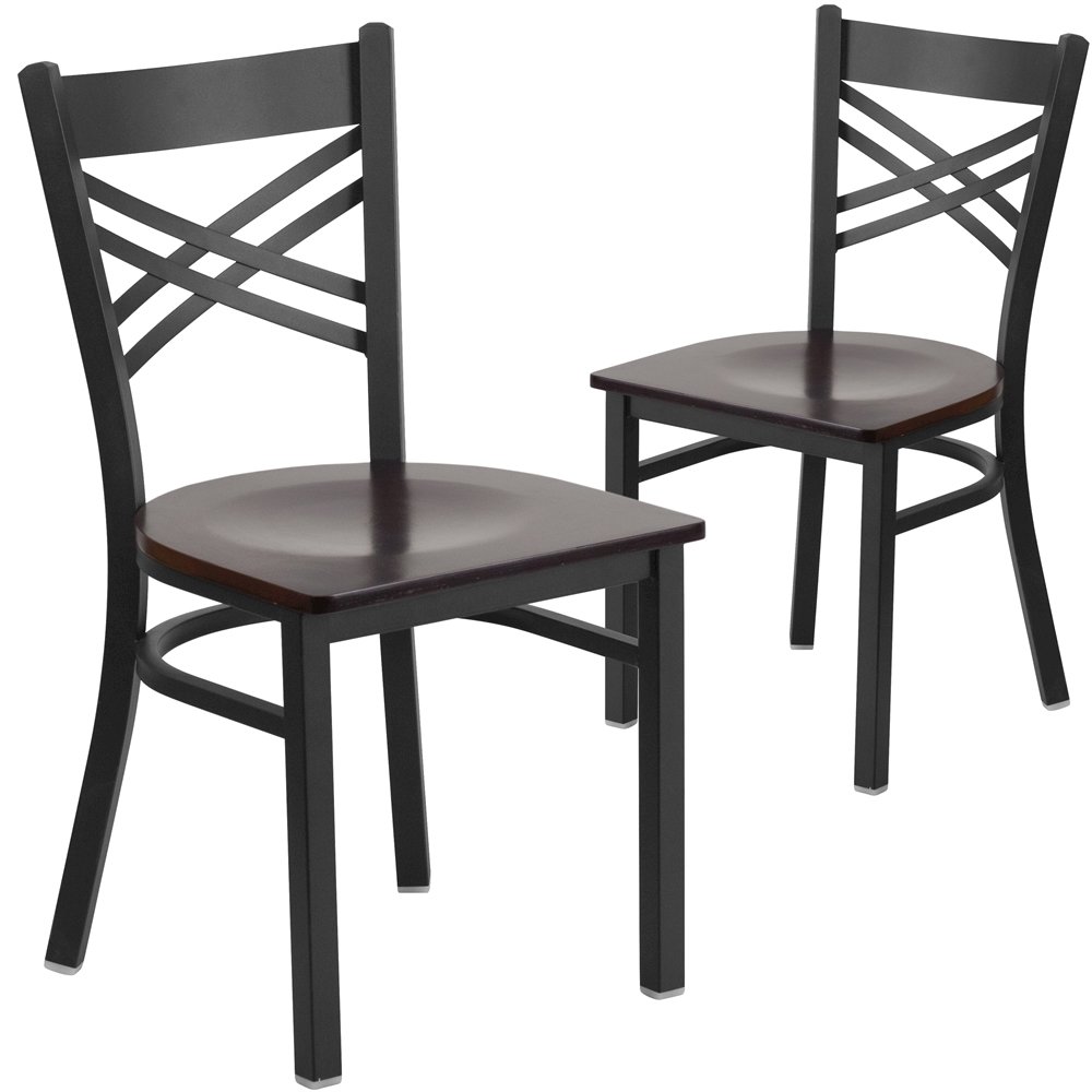2 Pk. HERCULES Series Black ''X'' Back Metal Restaurant Chair - Walnut Wood Seat. Picture 1