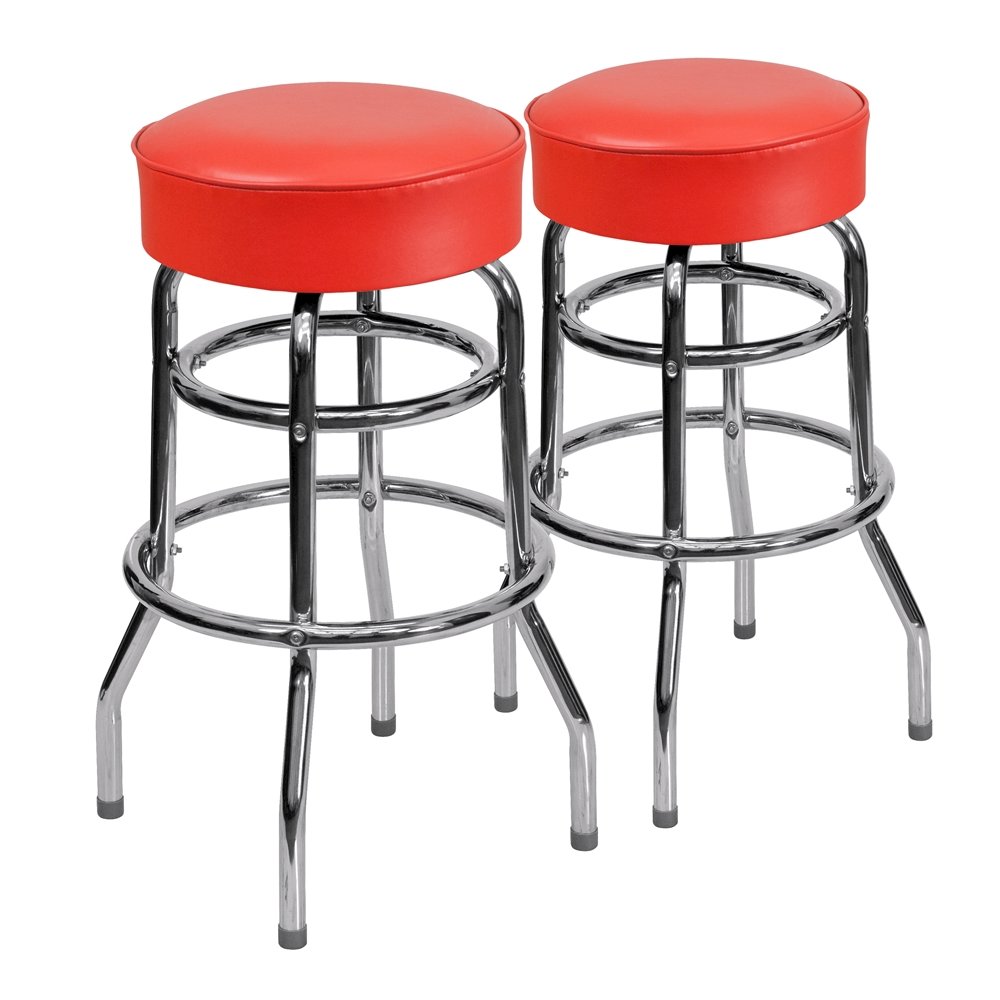 2 Pk. Double Ring Chrome Barstool with Red Seat. Picture 1
