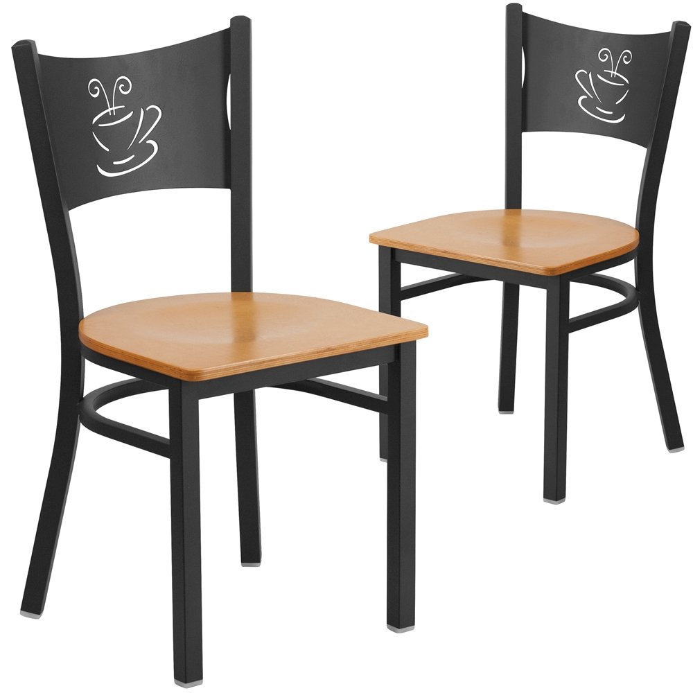 2 Pk. Black Coffee Back Metal Restaurant Chair - Natural Wood Seat. Picture 1