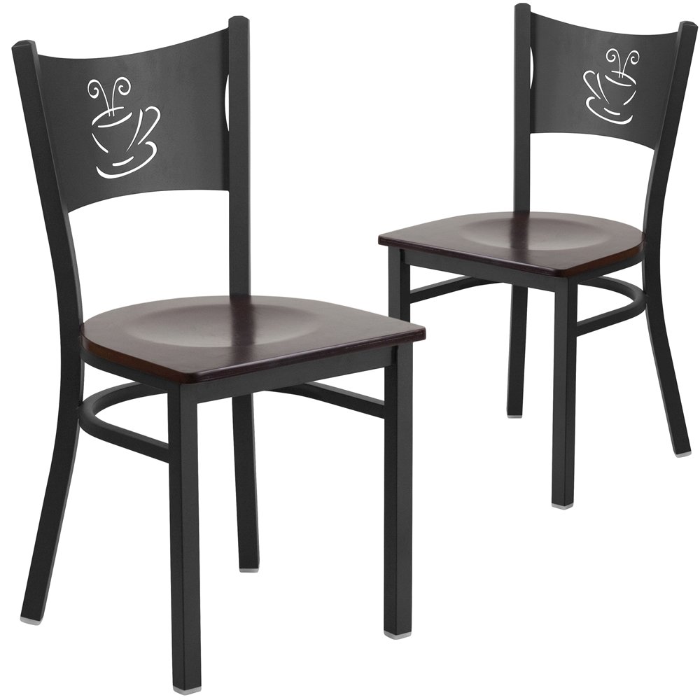 2 Pk. Black Coffee Back Metal Restaurant Chair - Walnut Wood Seat. Picture 1