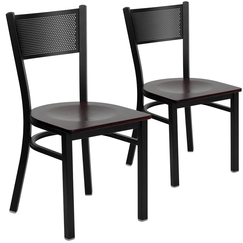 2 Pk. Black Grid Back Metal Restaurant Chair - Mahogany Wood Seat. Picture 1