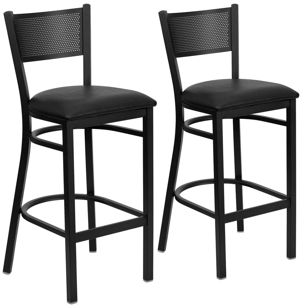 2 Pk. Black Grid Back Metal Restaurant Barstool - Black Vinyl Seat. Picture 1
