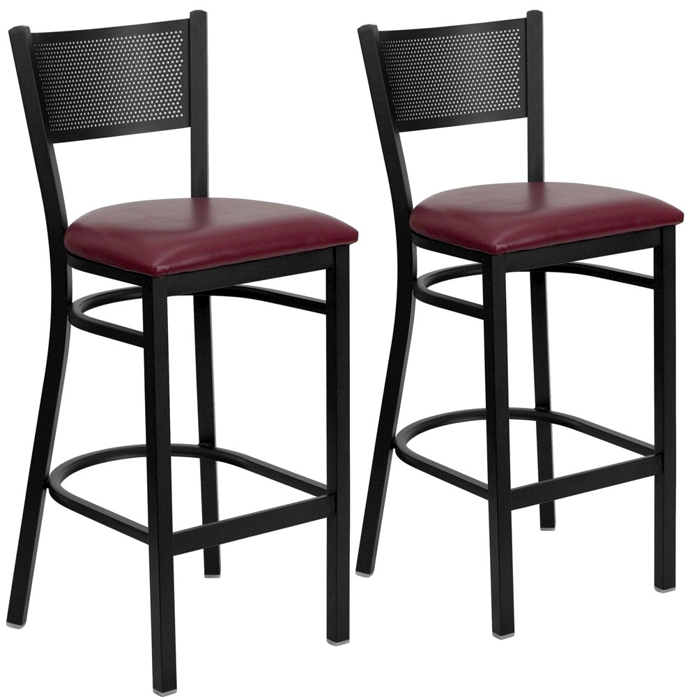 2 Pk. Black Grid Back Metal Restaurant Barstool - Burgundy Vinyl Seat. Picture 1