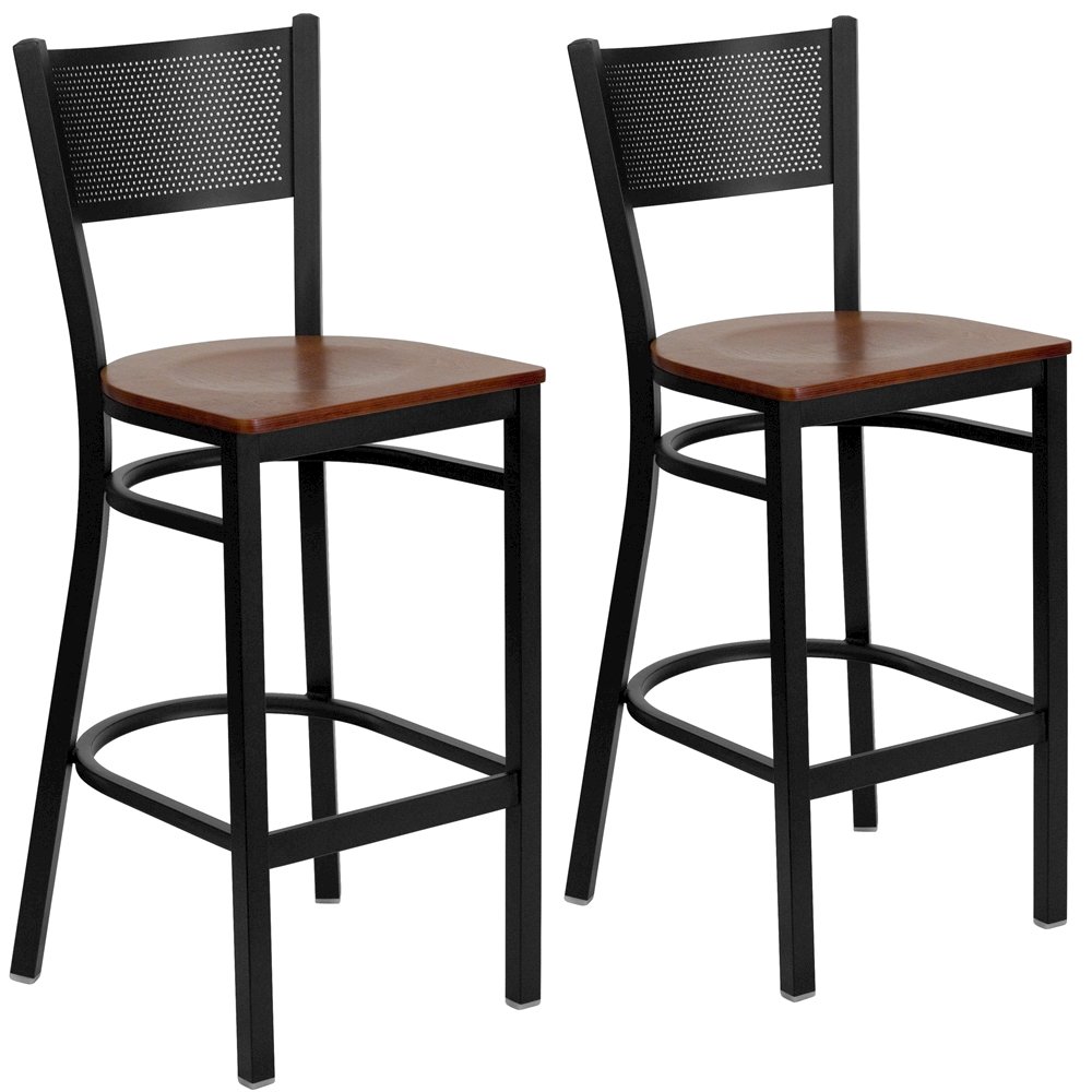 2 Pk. Black Grid Back Metal Restaurant Barstool - Cherry Wood Seat. Picture 1