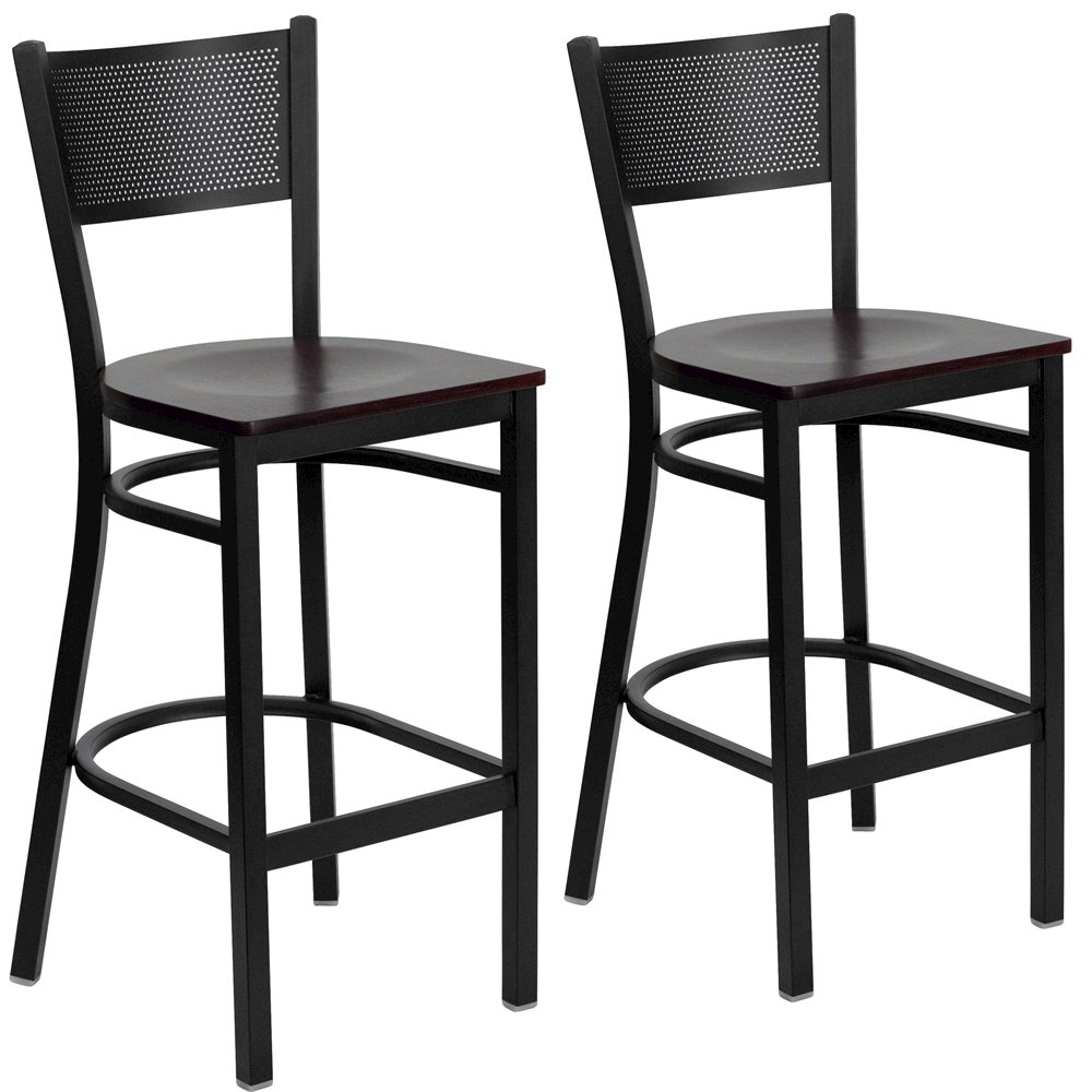 2 Pk. Black Grid Back Metal Restaurant Barstool - Mahogany Wood Seat. Picture 1