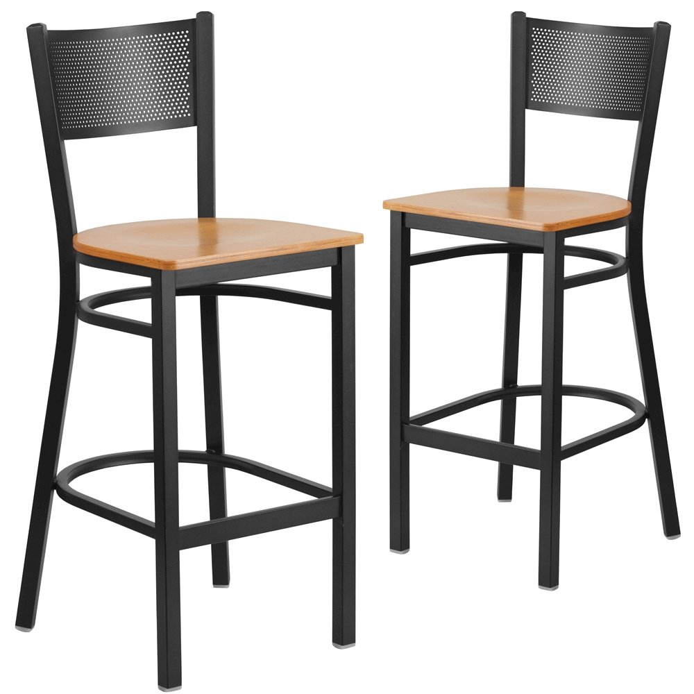 2 Pk. Black Grid Back Metal Restaurant Barstool - Natural Wood Seat. Picture 1