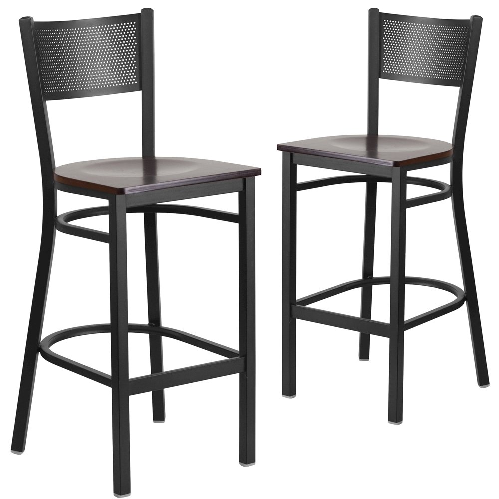 2 Pk. Black Grid Back Metal Restaurant Barstool - Walnut Wood Seat. Picture 1