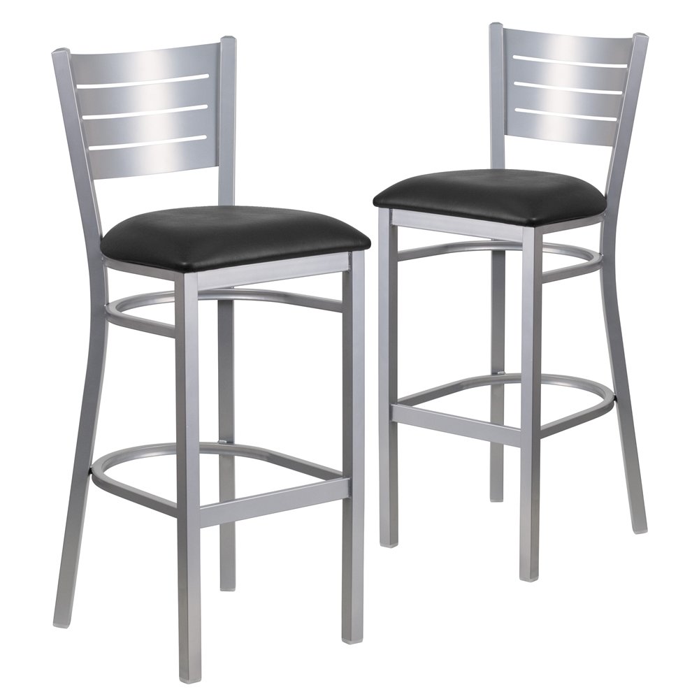 2 Pk. Silver Slat Back Metal Restaurant Barstool - Black Vinyl Seat. Picture 1
