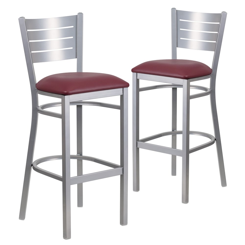 2 Pk. Silver Slat Back Metal Restaurant Barstool - Burgundy Vinyl Seat. Picture 1