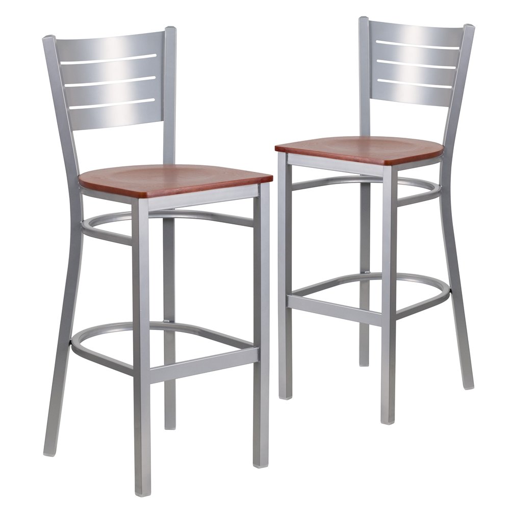 2 Pk. Silver Slat Back Metal Restaurant Barstool - Cherry Wood Seat. Picture 1