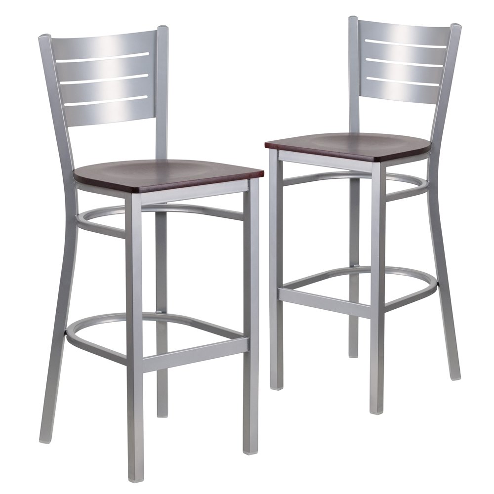 2 Pk. Silver Slat Back Metal Restaurant Barstool - Mahogany Wood Seat. Picture 1