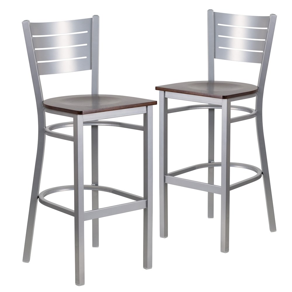 2 Pk. Silver Slat Back Metal Restaurant Barstool - Walnut Wood Seat. Picture 1