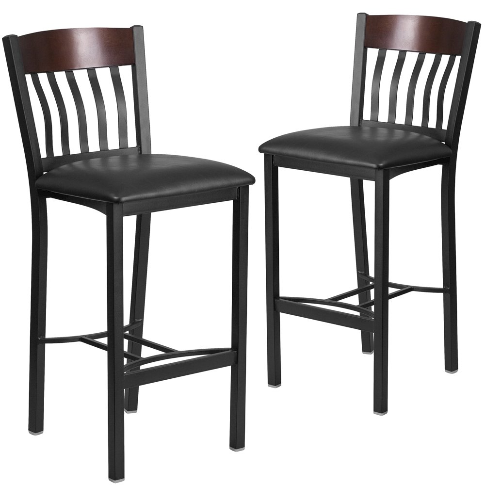 2 Pk. Vertical Back Black Metal and Walnut Wood Barstool with Black Vinyl Seat. Picture 1
