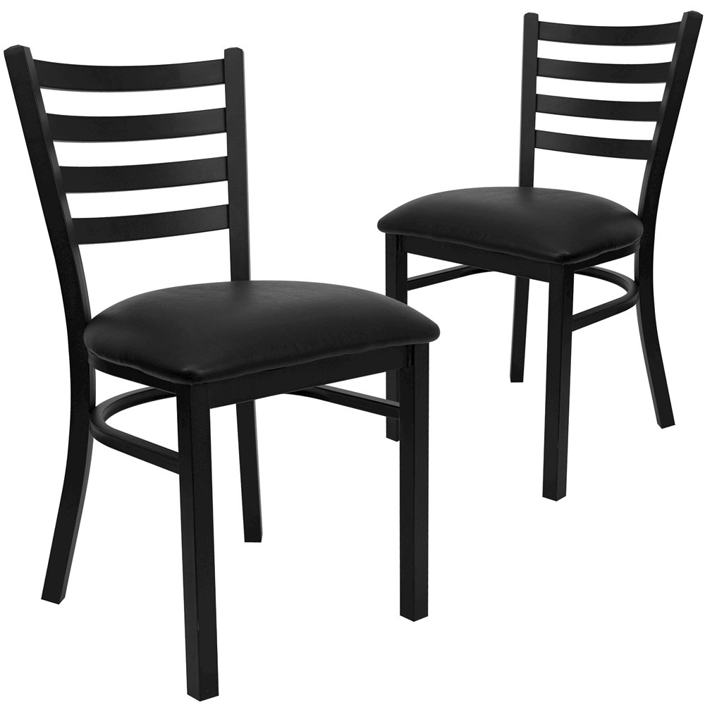 2 Pk. Black Ladder Back Metal Restaurant Chair - Black Vinyl Seat. Picture 1