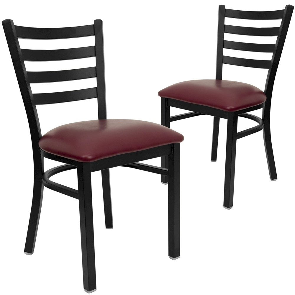2 Pk. Black Ladder Back Metal Restaurant Chair - Burgundy Vinyl Seat. Picture 1