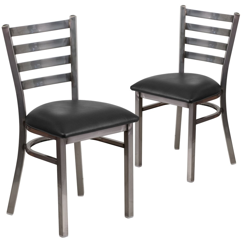 2 Pk. Clear Coated Ladder Back Metal Restaurant Chair - Black Vinyl Seat. Picture 1
