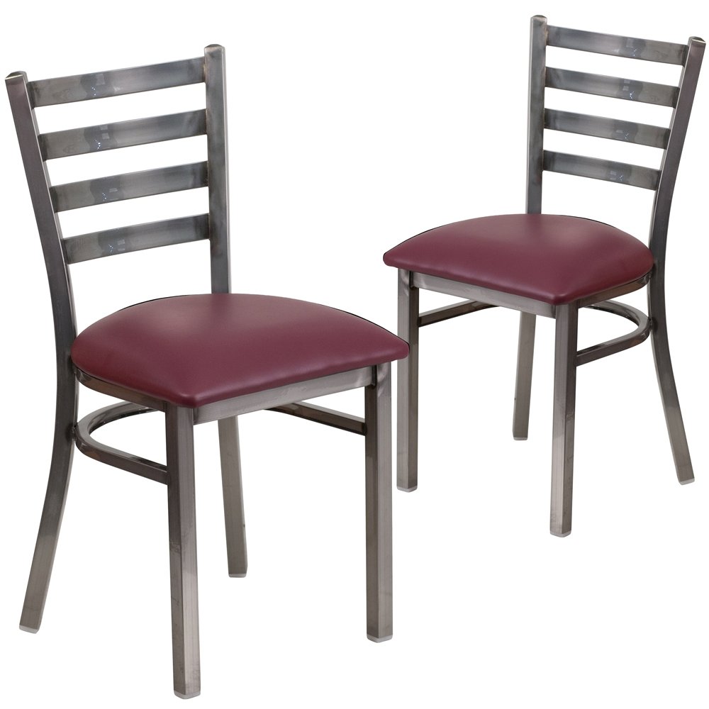 2 Pk. Clear Coated Ladder Back Metal Restaurant Chair - Burgundy Vinyl Seat. Picture 1