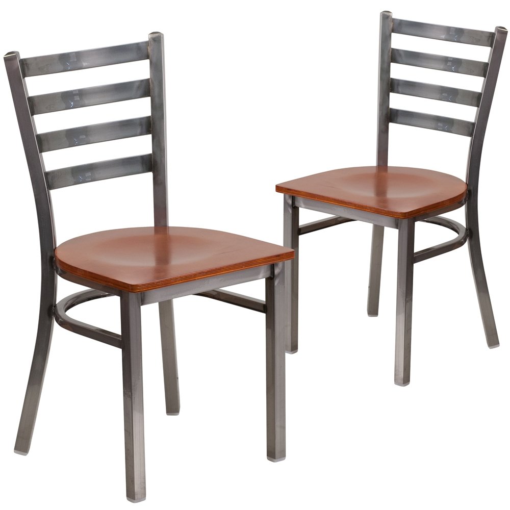 2 Pk. Clear Coated Ladder Back Metal Restaurant Chair - Cherry Wood Seat. Picture 1
