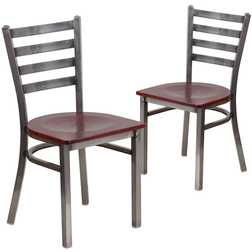 2 Pk. Clear Coated Ladder Back Metal Restaurant Chair - Mahogany Wood Seat. Picture 1