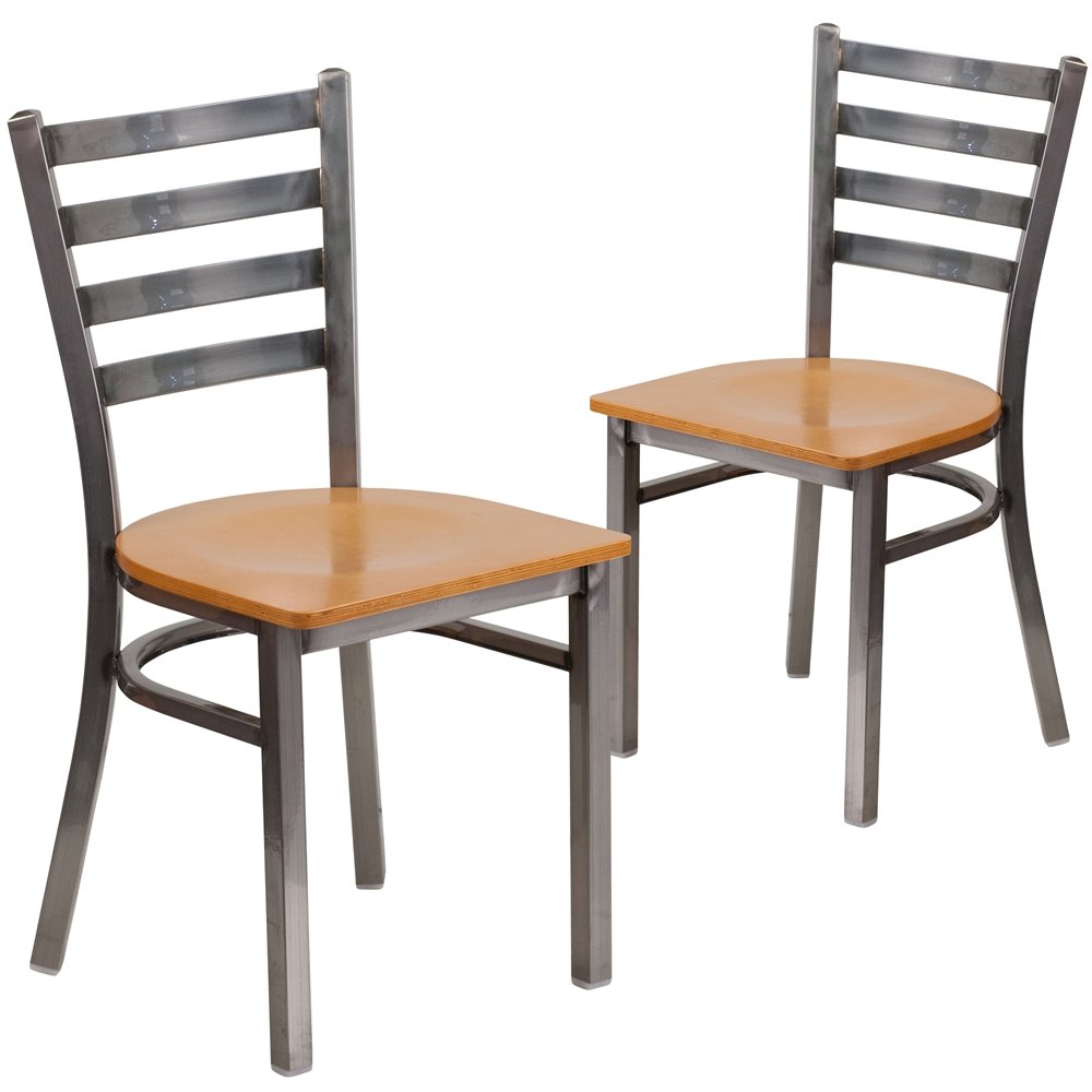 2 Pk. Clear Coated Ladder Back Metal Restaurant Chair - Natural Wood Seat. Picture 1