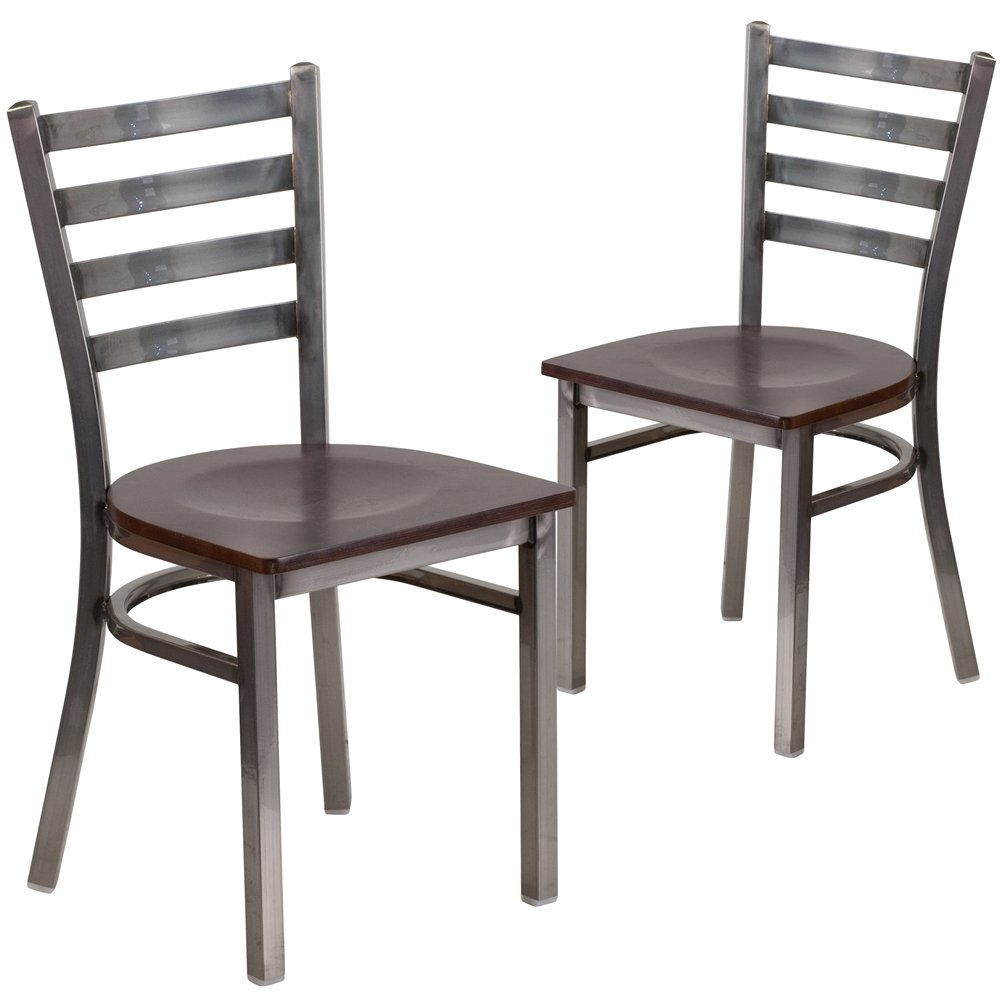 2 Pk. Clear Coated Ladder Back Metal Restaurant Chair - Walnut Wood Seat. Picture 1