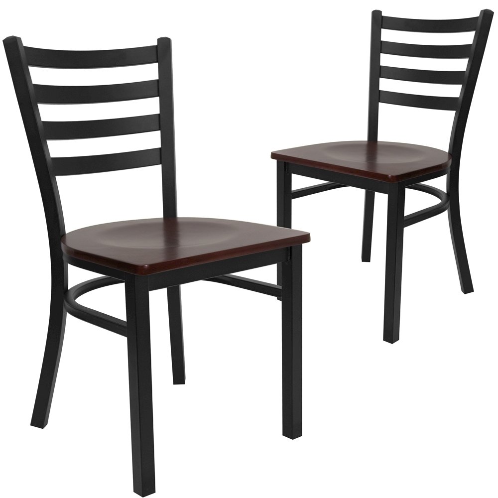 2 Pk. Black Ladder Back Metal Restaurant Chair - Mahogany Wood Seat. Picture 1