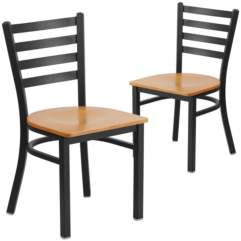 2 Pk. Black Ladder Back Metal Restaurant Chair - Natural Wood Seat. Picture 1
