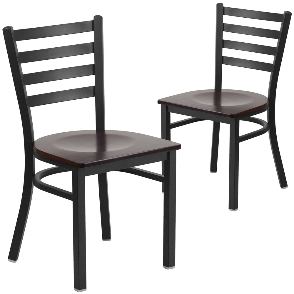 2 Pk. Black Ladder Back Metal Restaurant Chair - Walnut Wood Seat. Picture 1