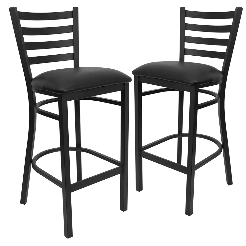 2 Pk. Black Ladder Back Metal Restaurant Barstool - Black Vinyl Seat. Picture 1