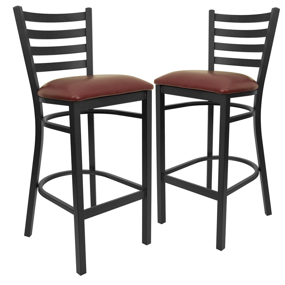 2 Pk. Black Ladder Back Metal Restaurant Barstool - Burgundy Vinyl Seat. Picture 1