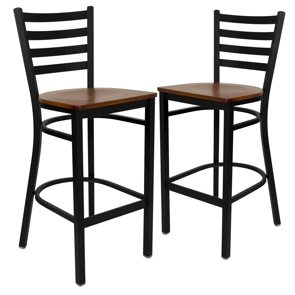 2 Pk. Black Ladder Back Metal Restaurant Barstool - Cherry Wood Seat. Picture 1