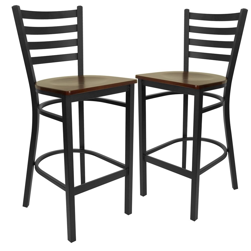 2 Pk. Black Ladder Back Metal Restaurant Barstool - Mahogany Wood Seat. Picture 1
