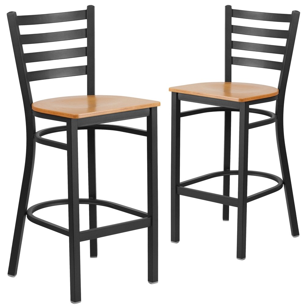 2 Pk. Black Ladder Back Metal Restaurant Barstool - Natural Wood Seat. Picture 1