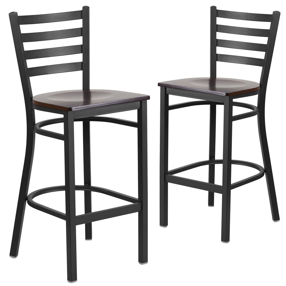 2 Pk. Black Ladder Back Metal Restaurant Barstool - Walnut Wood Seat. Picture 1