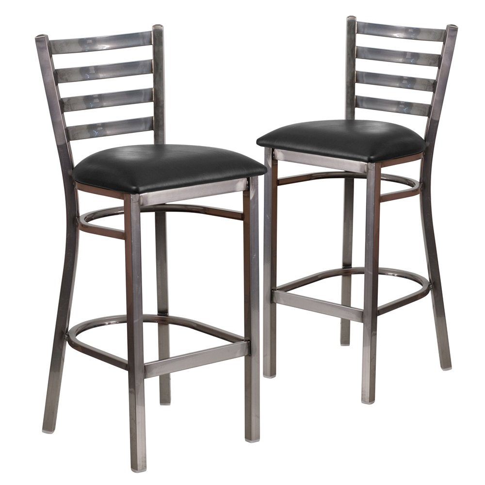 2 Pk. Clear Coated Ladder Back Metal Restaurant Barstool - Black Vinyl Seat. Picture 1