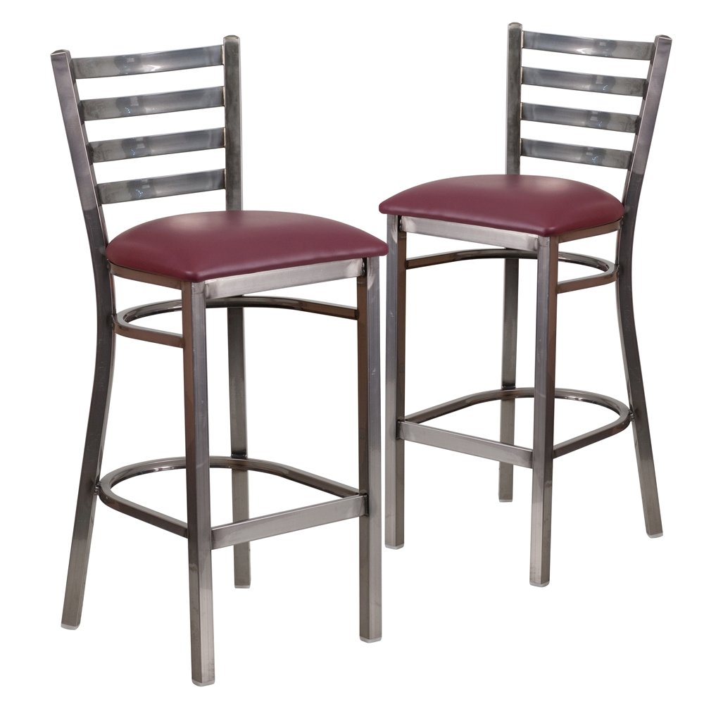 2 Pk. Clear Coated Ladder Back Metal Restaurant Barstool - Burgundy Vinyl Seat. Picture 1