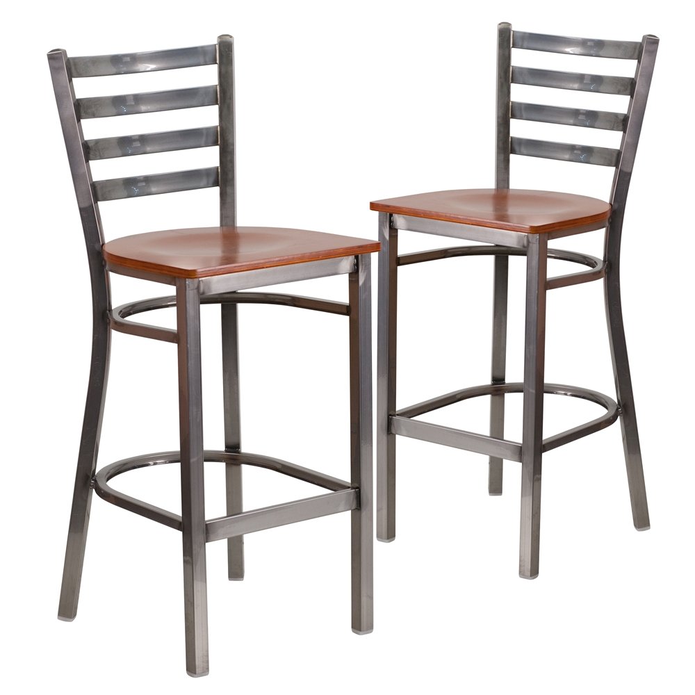 2 Pk. Clear Coated Ladder Back Metal Restaurant Barstool - Cherry Wood Seat. Picture 1