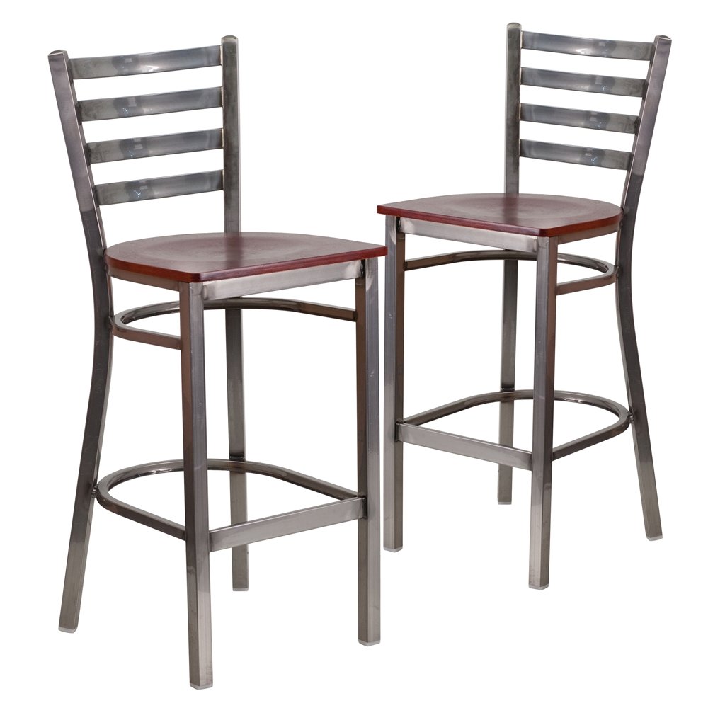 2 Pk. Clear Coated Ladder Back Metal Restaurant Barstool - Mahogany Wood Seat. Picture 1