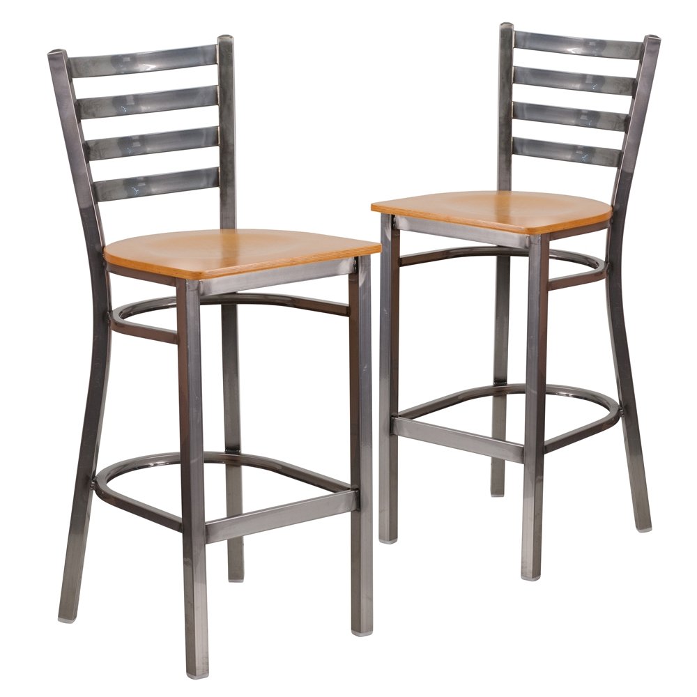 2 Pk. Clear Coated Ladder Back Metal Restaurant Barstool - Natural Wood Seat. Picture 1