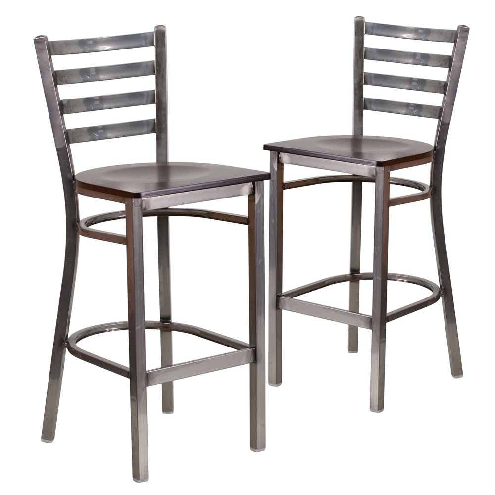 2 Pk. Clear Coated Ladder Back Metal Restaurant Barstool - Walnut Wood Seat. Picture 1
