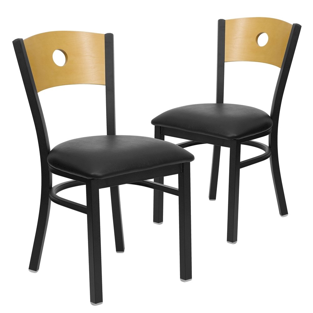 2 Pk. Black Circle Back Metal Chair - Natural Wood Back, Black Vinyl Seat. Picture 1