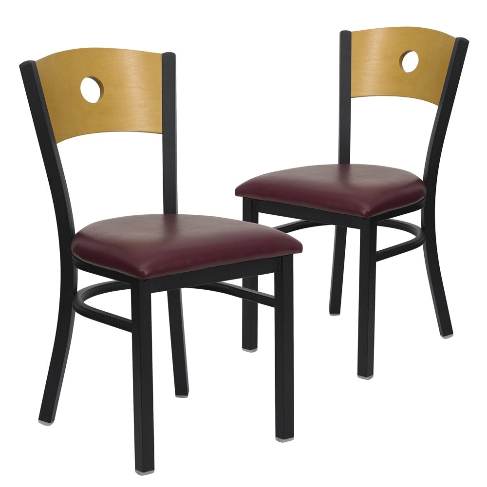 2 Pk. Black Circle Back Metal Chair - Natural Wood Back, Burgundy Vinyl Seat. Picture 1