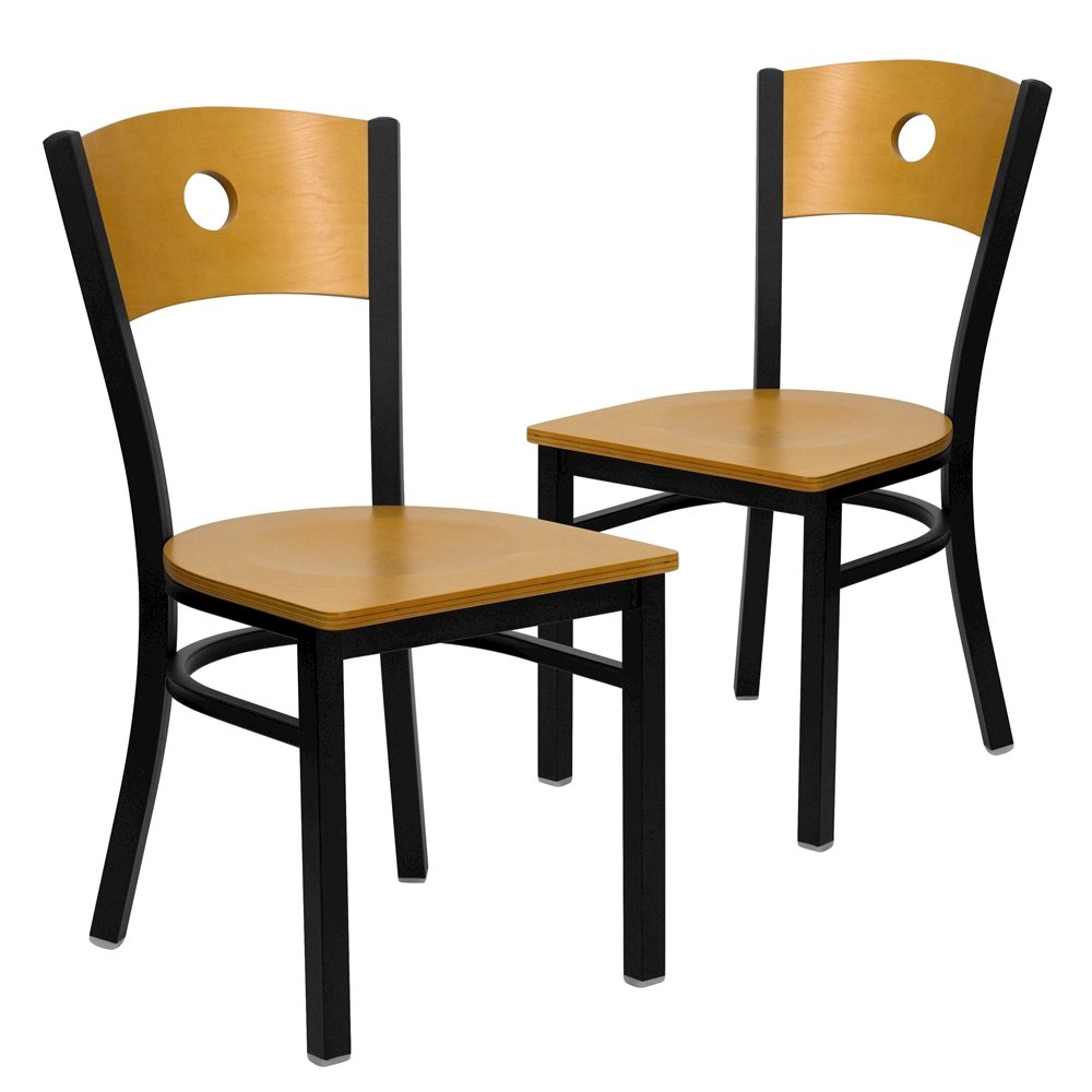 2 Pk. Black Circle Back Metal Restaurant Chair - Natural Wood Back & Seat. Picture 1