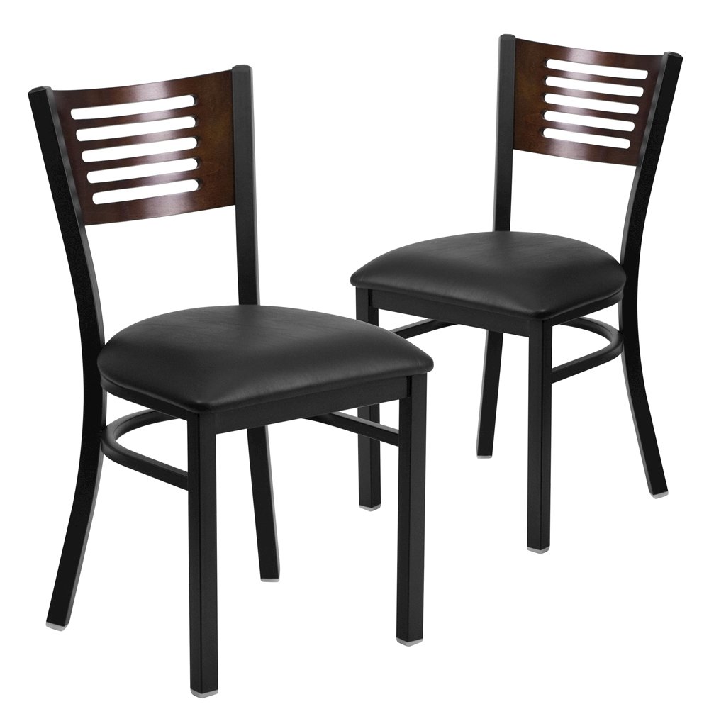 2 Pk. Slat Back Metal Chair - Walnut Wood Back, Black Vinyl Seat. Picture 1