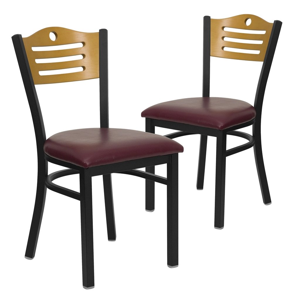 2 Pk. Black Slat Back Metal Chair - Natural Wood Back, Burgundy Vinyl Seat. Picture 1