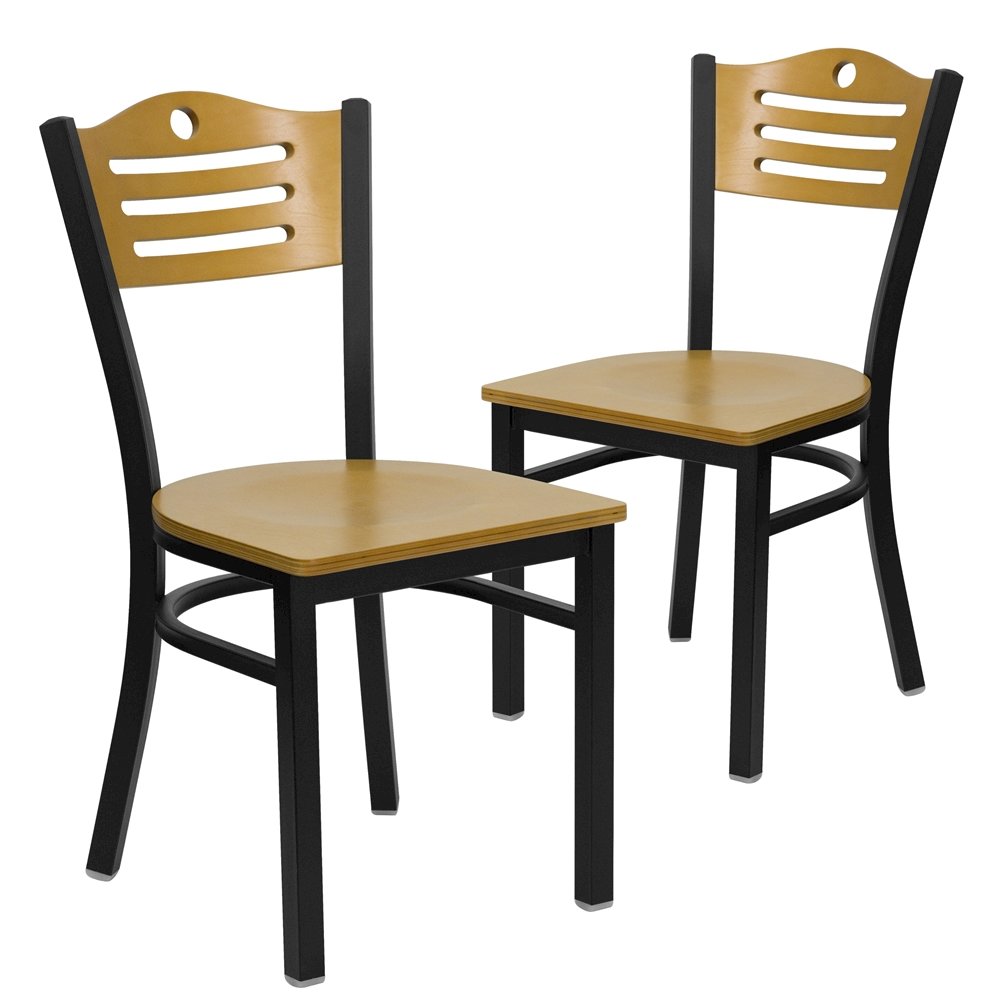 2 Pk. Black Slat Back Metal Restaurant Chair - Natural Wood Back & Seat. Picture 1