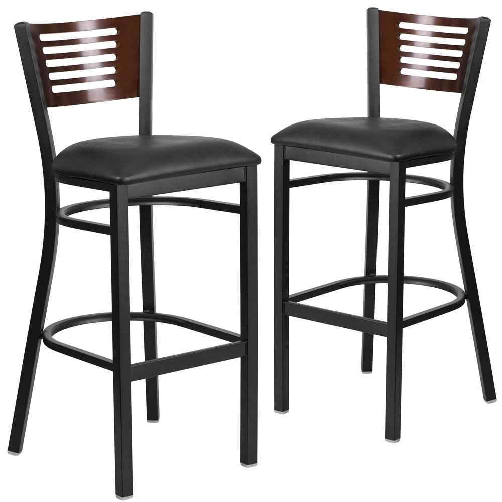 2 Pk. Slat Back Metal Barstool - Walnut Wood Back, Black Vinyl Seat. Picture 1