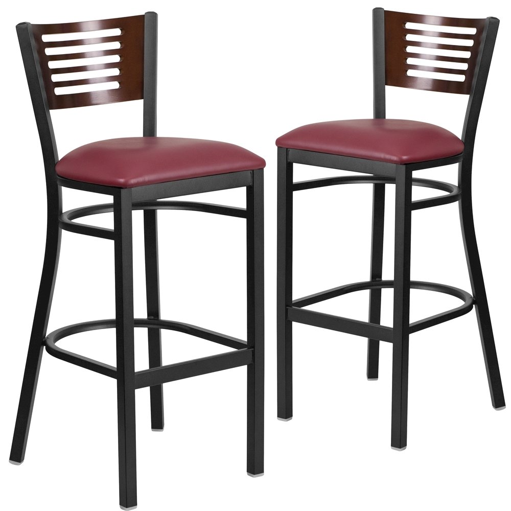 2 Pk. Slat Back Metal Barstool - Walnut Wood Back, Burgundy Vinyl Seat. Picture 1