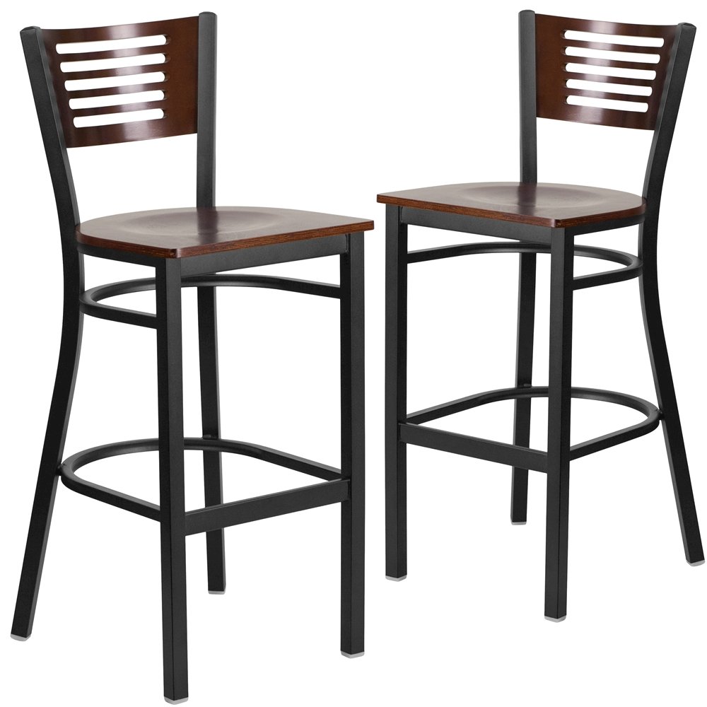 2 Pk. Slat Back Metal Barstool - Walnut Wood Back & Seat. Picture 1