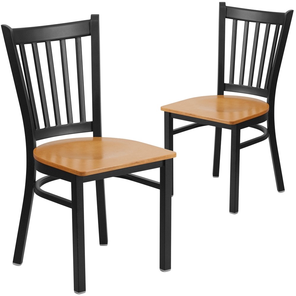 2 Pk. Black Vertical Back Metal Restaurant Chair - Natural Wood Seat. Picture 1